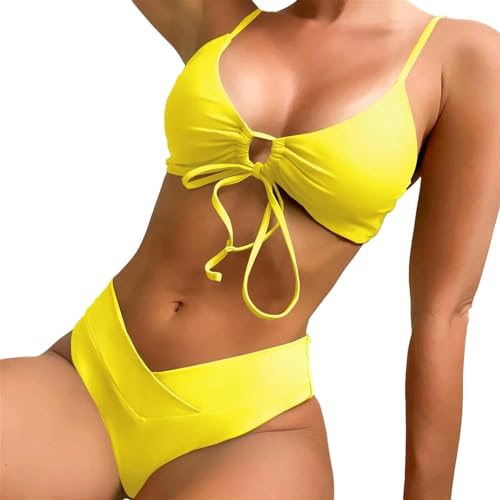 YUHNPSZE Damen-Bikini-Set Retro V-Ausschnitt Schnürbikini Beach Einfache Feste Farbbikini Bequemer Stretch Split Badeanzug-Gelb-S von YUHNPSZE