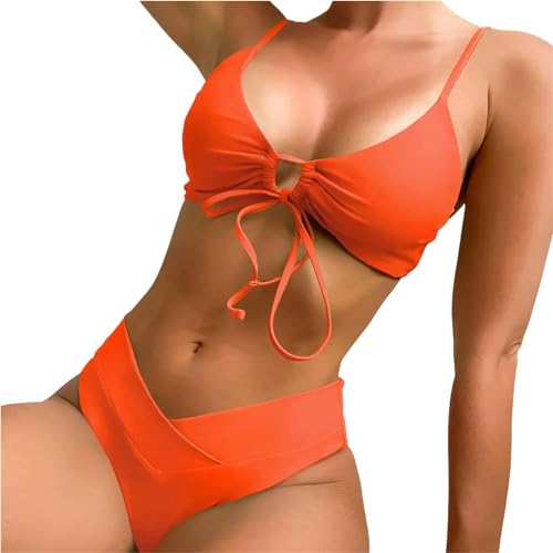 YUHNPSZE Damen-Bikini-Set Retro V-Ausschnitt Schnürbikini Beach Einfache Feste Farbbikini Bequemer Stretch Split Badeanzug-Orange Rot-S von YUHNPSZE