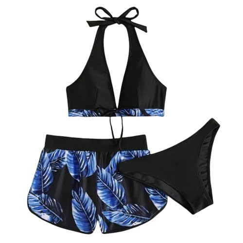 YUHNPSZE Damen-Bikini-Set Tropischer Blatt Print Bikini Dreiteiliger Strand Halfter Hals Tiefen V-Ausschnitt Bikini Badeanzug-Blau 3-XL von YUHNPSZE