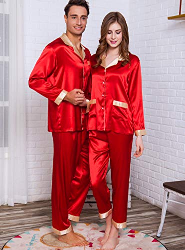 YUHOOE Damen Schlafanzug Lang Satin Pyjama,Paar Pyjamas Seidenset Für Frau & Mann Langarm Classic Satin Pyjamas Set Weiche Nachtwäsche Loungewear Homewear(Rot),Damen,L. von YUHOOE