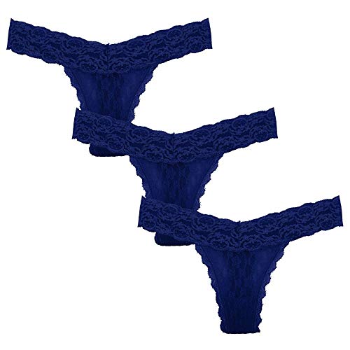 YUHOOE Damen Tanga Aus Spitze,Elegante Charmante Spitze Baumwolle Sexy Tangas Unterwäsche Nahtlose T-Back G-String Höschen Weiche Bequeme Ultra Dünne Slips,3Er Pack Marineblau,M. von YUHOOE