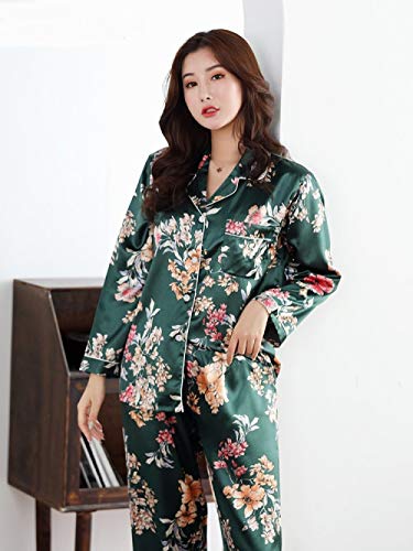 YUHOOE Pyjama Schlafanzug Damen Lang,Satin Silk Pyjamas Für Damen Set Pyjamas Button Pyjamas Für Damen Pjs Herbst Winter Mujer Pijama Nachtwäsche Nachtwäsche Pizama Damska 2St. Grün XXL von YUHOOE