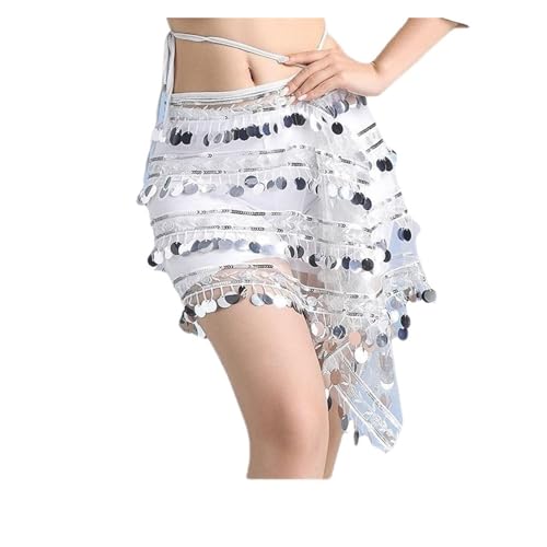 YUUKEXD Dame Pailletten Bauchtanz Hüfttuch Quaste Wrap Bauchtanz Kostüm Zubehör Frauen Hip Wrap Rock Gürtel Hipskirt Erwachsene Dance Tragen(White) von YUUKEXD