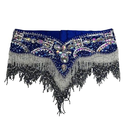 YUUKEXD Damen-Bauchtanz-Kostüm mit Pailletten, sexy Hüfttuch, Bauchtanz-Wickelgürtel mit Quasten-Perlen-Taillenkette(Dark Blue,120CM) von YUUKEXD