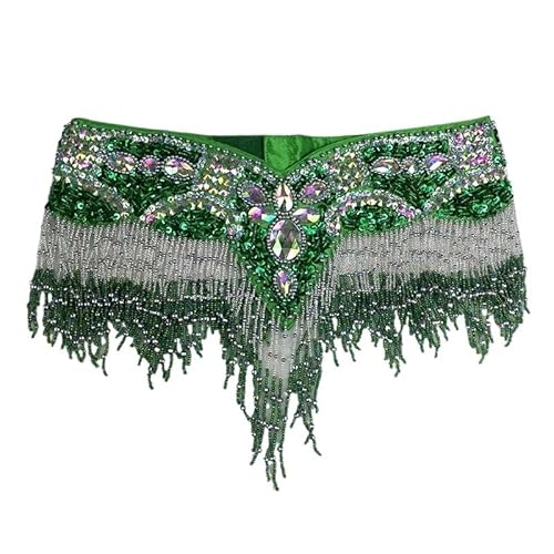 YUUKEXD Damen-Bauchtanz-Kostüm mit Pailletten, sexy Hüfttuch, Bauchtanz-Wickelgürtel mit Quasten-Perlen-Taillenkette(Green,105CM) von YUUKEXD