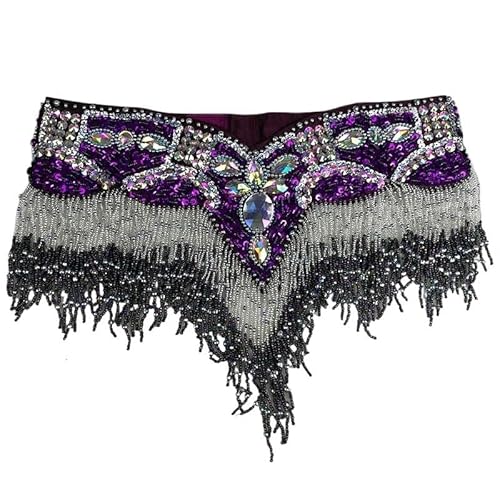 YUUKEXD Damen-Bauchtanz-Kostüm mit Pailletten, sexy Hüfttuch, Bauchtanz-Wickelgürtel mit Quasten-Perlen-Taillenkette(Purple,110CM) von YUUKEXD