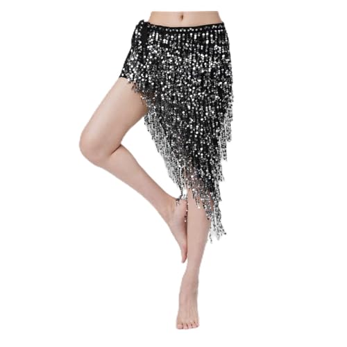 YUUKEXD Dreieck Pailletten Bauchtanz Rock Bauchtanz Lange Quaste Hüfte Schal Outfits Frauen Dance Tragen Zubehör Tanzen Gürtel(Black Silver) von YUUKEXD