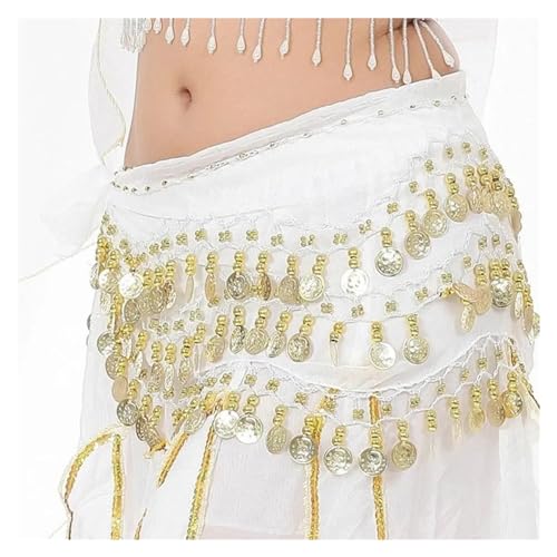 YUUKEXD Frauen Chiffon Bauchtanz Gürtel Hüfttuch Pailletten Bund Gürtel Rock Hüfte Wrap Münzen Pailletten Quaste Hipskirt Gürtel 3 Reihe gürtel(White) von YUUKEXD