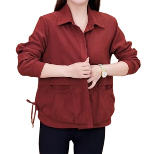 YWeiLiangSan Lässige Kurze Jacke mit Reversknopf für Damen, Kurze Button-Down-Hemdjacke, langärmelige lässige Baumwolljacke (XX-Large,Red) von YWeiLiangSan