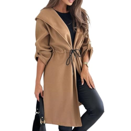 YWeiLiangSan Lässiger Mantel mit offenem Revers und Kordelzug für Damen, Lange Kapuzenjacke mit Bindeband an der Taille für Damen (XX-Large,Brown) von YWeiLiangSan