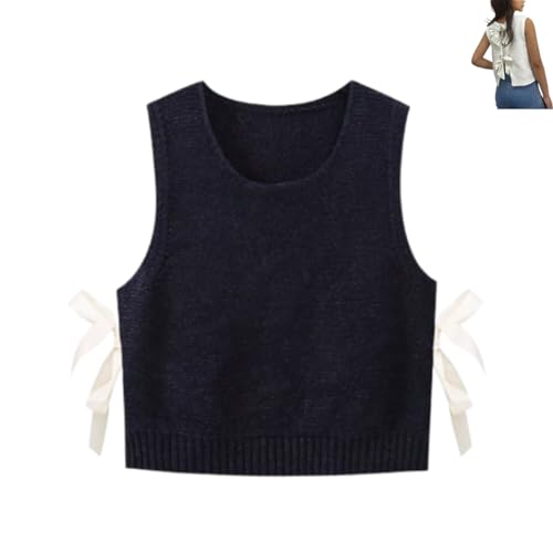 YWeiLiangSan Pullunder-Oberteil für Damen, Strick-Tanktop mit Fliege hinten, lässige, Kurze Strickjacke (Large,Side-Navy Blue) von YWeiLiangSan