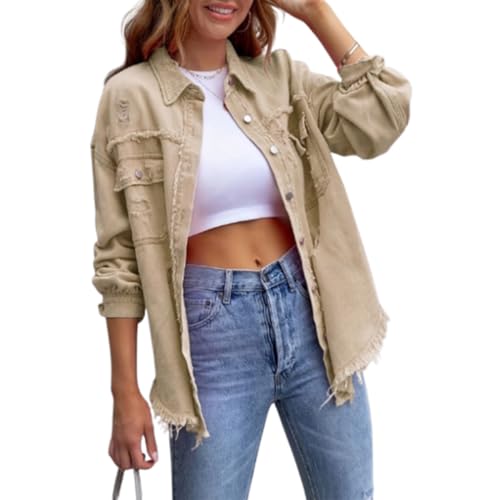 YWeiLiangSan Übergroße zerrissene Jeansjacke für Damen, Boyfriend-Jeansmantel mit ausgefranstem Saum und Knopfleiste vorne (Large,Khaki) von YWeiLiangSan