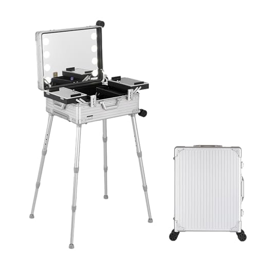 Aluminium-Trolley, Make-up-Zugkoffer mit LED-Licht, professioneller Kosmetik-Make-up-Kosmetik-Organizer, Studio mit Ständer, rollender (Silver Stripe 58X45X23cm) von YXFAZPP