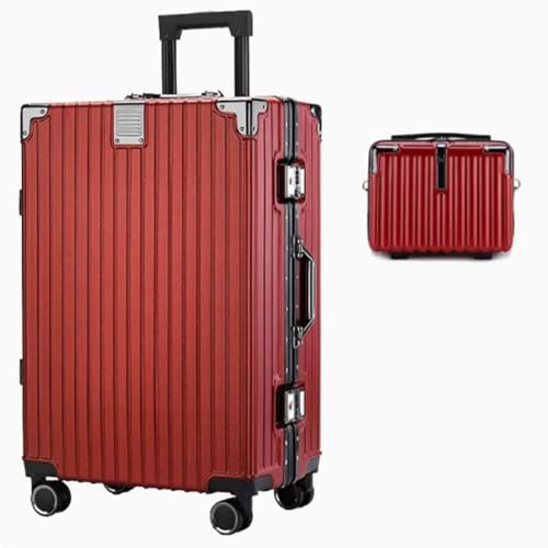 YXKJDS Gepäck für Damen, Trolley-Koffer mit Aluminiumrahmen, großes Fassungsvermögen, Boarding-Koffer für Herren, robust und langlebig, Universalrad mit Kosmetikkoffer (red 28inches) von YXKJDS
