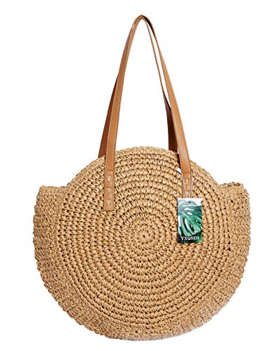 YXQSED Damen Gewebte Tasche Rund-Strandtasche Stroh Sommer Umhängetaschen Handgemachte Schultertaschen mit Reißverschluss Groß Khaki YXQSED Damen Gewebte Tasche Rund-Strandtasche Stroh Sommer Umhängetaschen Handgemachte Schultertaschen mit Reißverschluss Groß Khaki von YXQSED