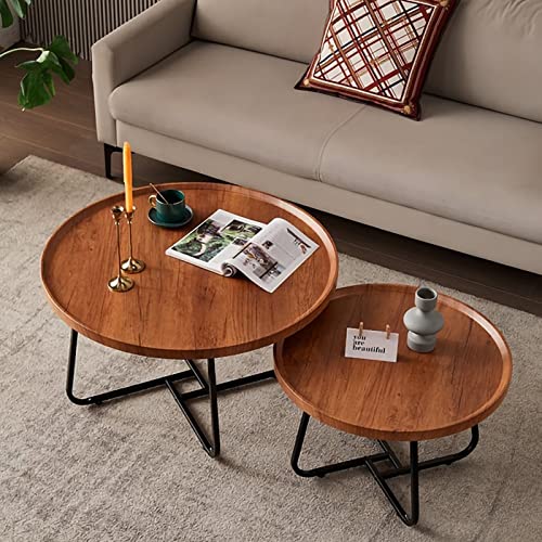 Rundes Beistelltisch-Set mit 2 Stück, industrielles Beistelltisch-Set mit rustikaler, erhöhter Tablettoberkante aus Holz und Sofatischen mit Metallbeinen, Couchtisch für Wohnzimmer, Schlafzimmer, von YYCHENY