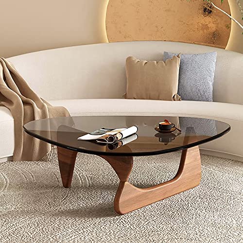 YYCHENY Dreieckiger Couchtisch, moderner Mid-Century-Couchtisch mit Holzsockel und Glasplatte, Abstrakter Glas-Couchtisch, ovaler Kleiner Mitteltisch-Couchtisch für Wohnzimmer (36 * 25,5 * 16 Zoll, von YYCHENY