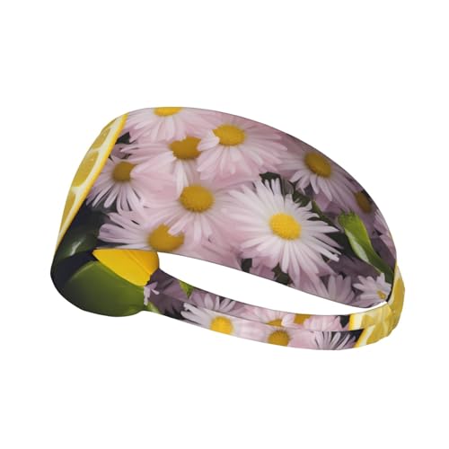 Elastisches Damen-Stirnband, feuchtigkeitsableitend, athletisch, für Laufen, Training, Outdoor-Sport, gelbe Zitrone mit Blumendruck von YYHWHJDE