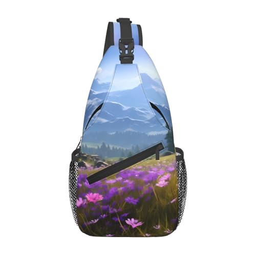 YYHWHJDE Cross-Brusttasche diagonal – hochwertige, langlebige und geräumige Umhängetasche für Damen und Herren, Natur, Lila, Blumen, Wiese, Berg, malerisches Muster, Schwarz, Einheitsgröße, Schwarz , von YYHWHJDE