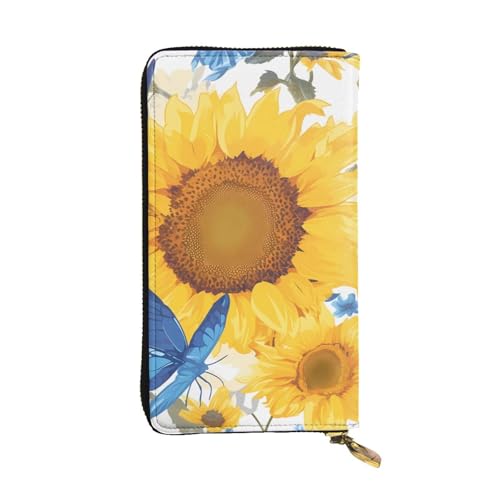 YYHWHJDE Gelbe Sonnenblumen mit blauen Schmetterlingen, Leder, lange Clutch-Geldbörse, entworfen für modische Mädchen und Frauen, stilvoll und personalisiert, 19 x 10,5 cm, Schwarz, Einheitsgröße, von YYHWHJDE