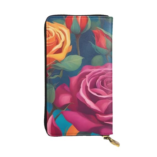 YYHWHJDE Lange Clutch-Geldbörse mit buntem Rosen-Aufdruck, hochwertiges Leder, entworfen für modische Mädchen und Frauen, stilvoll, 19 x 10,5 cm, Schwarz , Einheitsgröße von YYHWHJDE