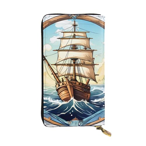 YYHWHJDE Segelboot, nautisches Kompass-Muster, hochwertiges Leder, lange Clutch, entworfen für modische Mädchen und Frauen, stilvoll, 19 x 10,5 cm, Schwarz , Einheitsgröße von YYHWHJDE