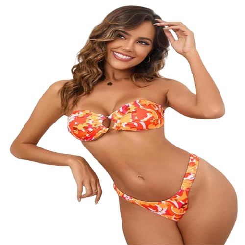 YYNLIN Badeanzug Damen Bikini Push -Up Frauen Badegussbiquini Blumendruck Strandkleidung-Orange-XL von YYNLIN