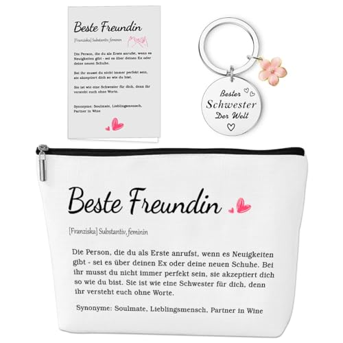 Beste Freundin Geschenk Set, Schwester Geschenk - 1 Freundschaft Kosmetiktasche, 1 Freundschaft mit Blüte Anhänger, 1 Karte, für Beste Freundin Schwester Geschenk von YYSWSAKY