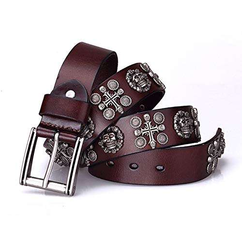 YZJYB Punk Rock Style Echtleder Gürtel mit Dornschließe Schädel Geprägtem Muster Ledergürtel 105cm - 125cm Länge Herren Damen Vintage Western Nieten Belt,Braun,125CM von YZJYB