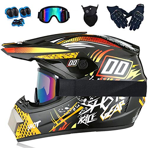 Motocross-Helm Mit Kinderschutzausrüstung, Schutzbrillen, Masken, Handschuhen Motocross-Helm-Set. Geeignet zum Schutz verschiedener Outdoor-Sportarten,Gelb,S（55~56CM von YZNCHONG