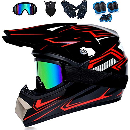 Motocross-Helm Motocross-Helm-Set mit Handschuhen/Brillen/Gesichtsschild/Knie-Pads Erwachsener Off-Road-Motorrad-Helm-Set Geeignet für Erwachsene und Jugendliche,Rot,L（59~60CM） von YZNCHONG