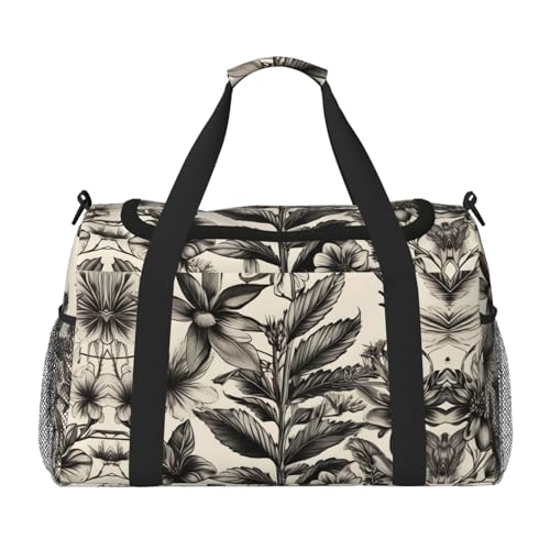 Übernachtungstasche mit Blumen-Kräutermuster für Damen und Herren, Schultertasche, Handgepäcktasche für Reisen, Reiseutensilien, Schwarz, Einheitsgröße von YaWea