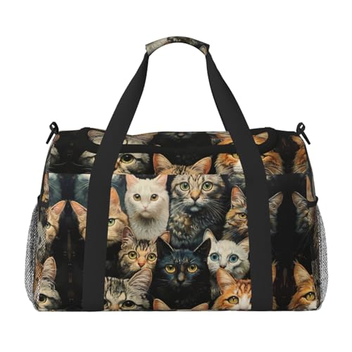 Übernachtungstasche mit Katzendruck für Damen und Herren, Schultertasche, Handgepäcktasche für Reisen, Schwarz, Einheitsgröße Übernachtungstasche mit Katzendruck für Damen und Herren, Schultertasche, Handgepäcktasche für Reisen, Schwarz, Einheitsgröße von YaWea