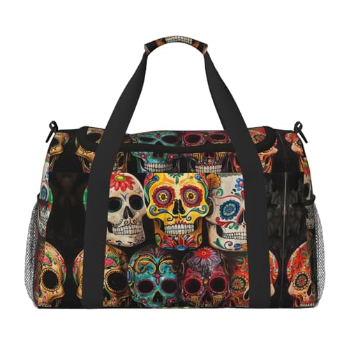 Übernachtungstaschen mit Totenkopf-Aufdruck für Damen und Herren, Schultertasche, Handgepäcktasche für Reisen, Schwarz, Einheitsgröße von YaWea