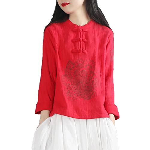 Yajun Lässige Chinesisches Cheongsam Bluse Top Frühlings Qipao Oberhemd Baumwoll Stickerei Lose Kurzarm Elegantes Bequemes Shirt,Red,4XL(94KG) von Yajun