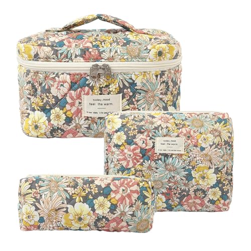 3 teiliges Reise Kosmetiktasche Setaus Baumwolle mit Blumenmuster,Skincare Makeup Toiletry Travel Bag Girl,großes Fassungsvermögen, Reißverschluss,ästhetisches1 (8) von Yavitality