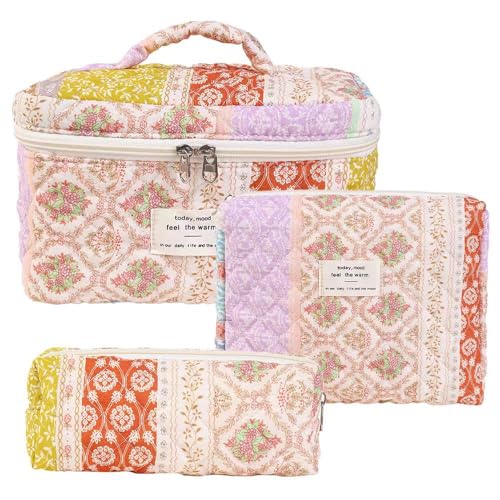 3 teiliges Reise Kosmetiktasche Setaus Baumwolle mit Blumenmuster,Skincare Makeup Toiletry Travel Bag Girl,großes Fassungsvermögen, Reißverschluss,ästhetisches3 (8) von Yavitality