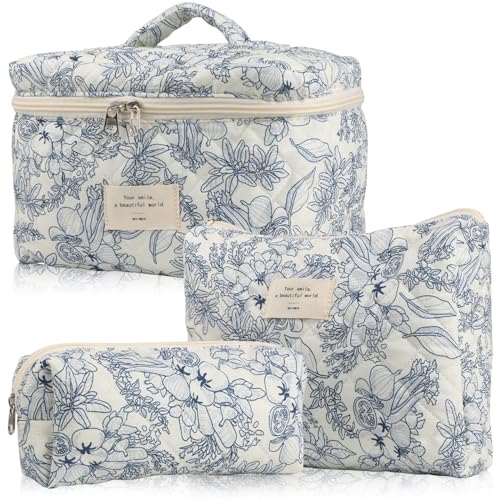 Reise Kosmetiktasche Set 3 StückDamen Gesteppte Kulturtasche Cosmetic Bag mit Blumenmuster Wasserdicht Kulturbeutel Set mit Griff 2 (4) von Yavitality