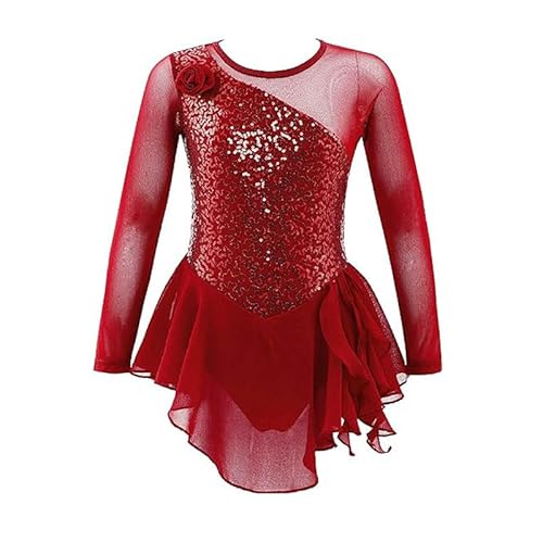 Yhsgscr B,7 Years, Langarm Eiskunstlauf Kleid Damen Pailletten Ballett Tanz Eislaufkleider Mädchen Einfarbig Rhythmisch Gymnastik Trikots Leistung Rock von Yhsgscr