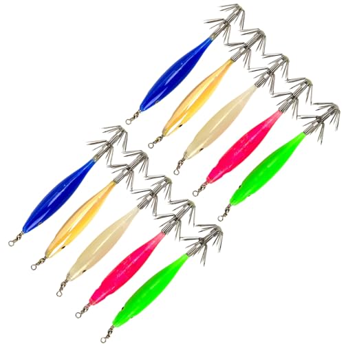 10Pcs Fluoreszierende Tintenfisch Jigs Garnelen Lockt Köder Tintenfisch Jigs Glow Jigs Haken Süßwasser Salzwasser Angeln Künstliche Köder von YiNLuax