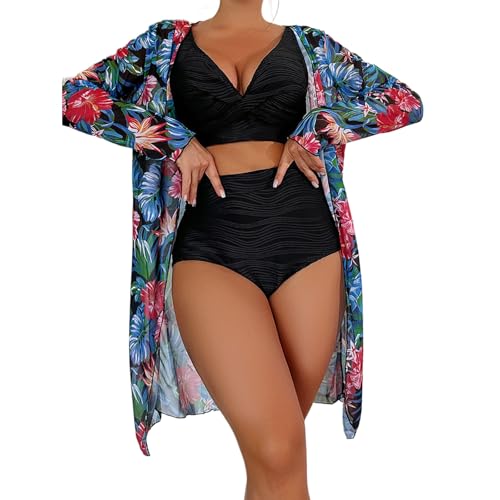 YiQinzcxg 3-teiliges Damen Bademode Set Mit Langen Bikinis Überwurf Strickjacke Blumendruck Badeanzug Bikinis Oberteil Und Boyshorts Mit Hoher Taille von YiQinzcxg