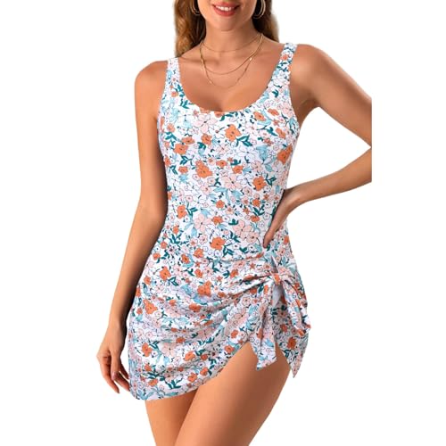 YiQinzcxg Damen Badeanzug Mit Blumenmuster 1-teiliger Badeanzug Bauchkontrolle Badeanzug Ärmelloser Rock Bademode Strandmode von YiQinzcxg