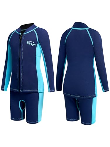 Yikayin Neoprenanzug Kinder, 2mm Zwei Stück Jungen Mädchen Neoprenanzüge Kind Neopren Thermal Langarm Top + Shorts Warm halten UV Neopren Schwimmanzug für Tauchen, Surfen, Schnorcheln, SUP von Yikayin