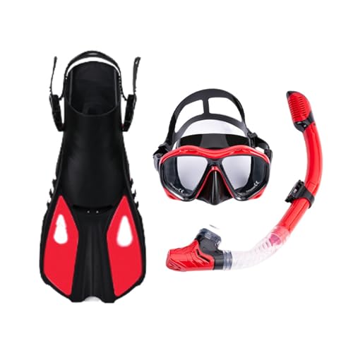 Schnorchelset mit Flossen, Schnorchelausrüstung in Reisegröße mit Schwimmflossen, Hochwertige Tauchermaske für Kinder Erwachsene-Red ||S/M von Yinova