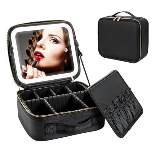 Yissone Reise-Make-up-Tasche mit Spiegel, LED-Licht, tragbare Kosmetiktasche mit Make-up-Pinselhalter, Schwarz , modisch von Yissone