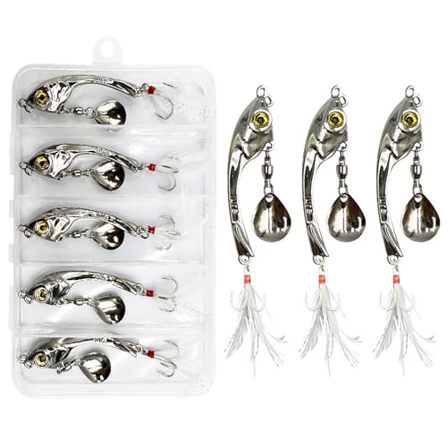 Yixinly 5 Stück Jig Spinner Set 15g in Köderbox Angeln Metall Löffel Köder Spinner Bleikopfspinner für Barsch Hecht Zander Döbel, Angelgeschenke für Männer, Angelköder für Süß- und Salzwasser (Silber) von Yixinly