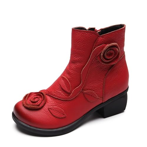 YlobdolY Knöchelstiefel für Frauen, Original handgefertigte Echtleder Blumen Damen Booties mit Vintage Mode Plattform Gummisohle mittleren Ferse Runde Zehe Seite Reißverschluss Slip On Red 42 von YlobdolY