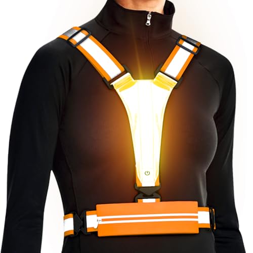 Reflektierende LED-Weste, Laufausrüstung, über wiederaufladbar, leuchtende Laufweste, Brust, Handyhalter für Läufer, Nachtspaziergänge, 6–11 Stunden Licht, verstellbare Taille/Schulter für (orange) von Ylzzrs