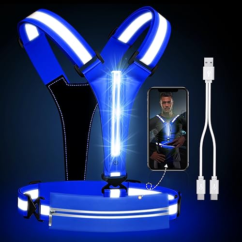 Reflektierende LED-Weste, Laufausrüstung, über wiederaufladbar, leuchtende Laufweste, Brust, Handyhalter für Läufer, Nachtspaziergänge, 6–11 Stunden Licht, verstellbare Taille/Schulter für (Blau) von Ylzzrs