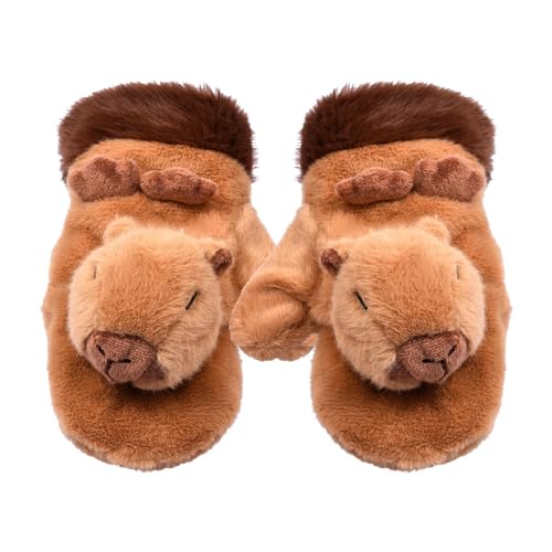 Ynnhik Capybara-Handschuhe - süße Tierhandschuhe, Capybara Design Warme Winter-Thermo-Plüschhandschuhe | Thermische Dicke Capybara-Fäustlinge, Winddichte warme Handschuhe für kaltes Wetter, Radfahre von Ynnhik